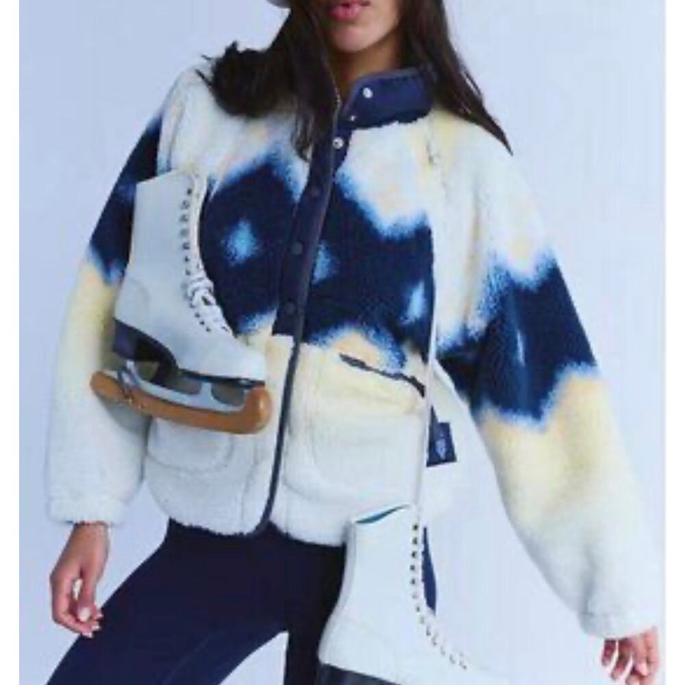 Free People Fuzzy Sherpa Jacket in Navy, White & Yellow Wash